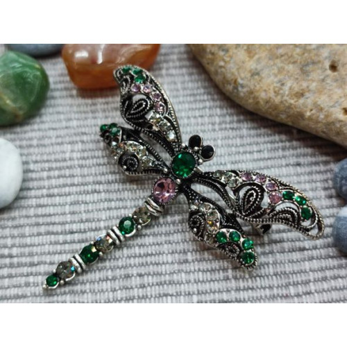 Брошка Стрекоза,зелені і рожеві стрази Брошка Стрекоза,зелені і рожеві стрази